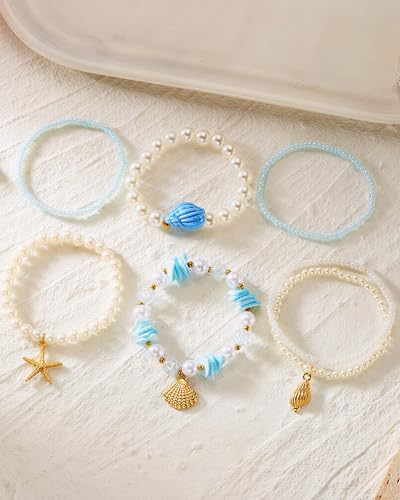 Shell Bracelets for Women Layered Seashell Starfish Bracelets Stackable Stretch Boho Beaded Bracelet Summer Beach Surfer Bracelet Seaside Beach Dress Outfits Accessories - color: B5:blue shell bracelets