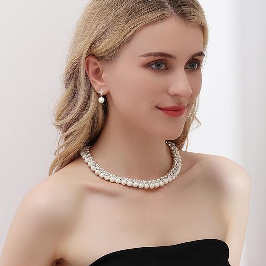 S SUSANN Costume Layered Twisted Gold Pearl Necklace Choker Chunky Glass Statement Pearl Necklace and Earring set, good gift for women Faux pearl necklace set - style: silver star rhinestones pearl
