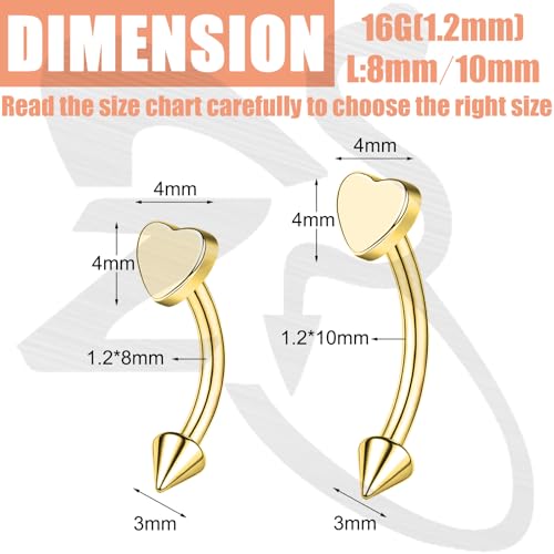 ZS 2 Pairs Stainless Steel Eyebrow Rings, 16G Curved Belly Rings Navel Barbell Helix Daith Tragus Earrings, 8/10mm Spike Vertical Labret Lip Piercing Jewelry - color: Gold,Heart-L:8/10mm