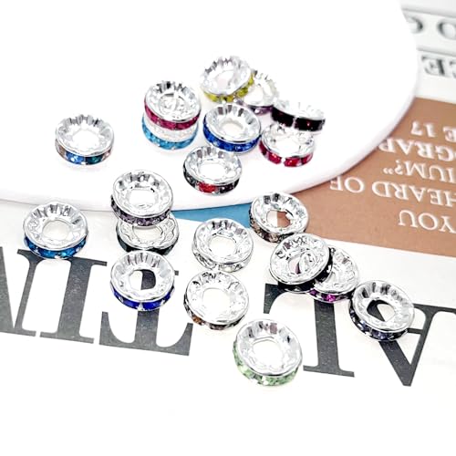 100pcs Large Hole Rhinestone Spacer Beads 10mm Silver Plated Czech Crystal Rhinestone for DIY Jewelry Making Charms Bracelet (Mix) - color: Mix
