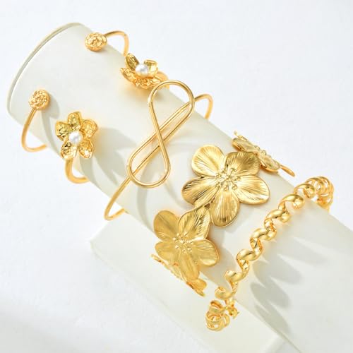 Golden Stackable Bracelets Set for Women Trendy Multi Layer Adjustable Chunk Flower Cuff Bracelet Geometric Irregular Wave Statement Bangle Glamour Stacking Cuff Jewelry - color: Gold-B