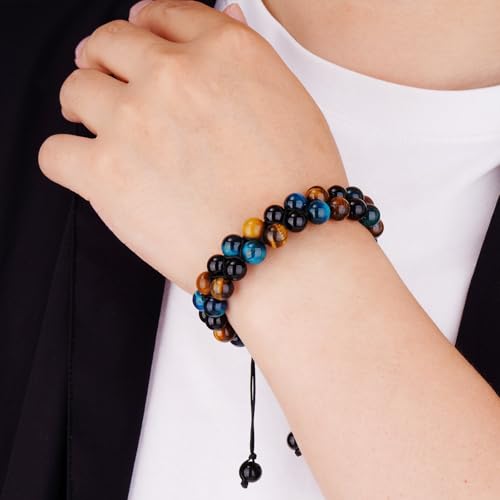 Triple Protection Bracelet,Bracelets for Men Women, Natural Tiger Eye Jewelry Stone Hematite and Blue Stone Hematite 8mm Crystal Bracelet - Adjustable Size with Premium Gift-Box - color: Blue-Brown-Black