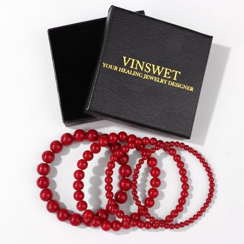 Vinswet 4pcs Beaded Bracelets for Women,Natural Healing Crystal Gemstones Bracelet,Anxiety Stress Relief Bracelet Handmade purple Jewelry Gifts for Women - color: Red agate