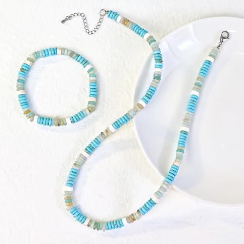 Beaded Necklaces for Women 3Pcs Colorful Boho Gemstone Bead Choker Summer Natural Stone Surfer Beach Bead Necklace Bracelets Earring Set Handmade Jewelry for Women Gift Jewelry Sets - color: 03-turquoise