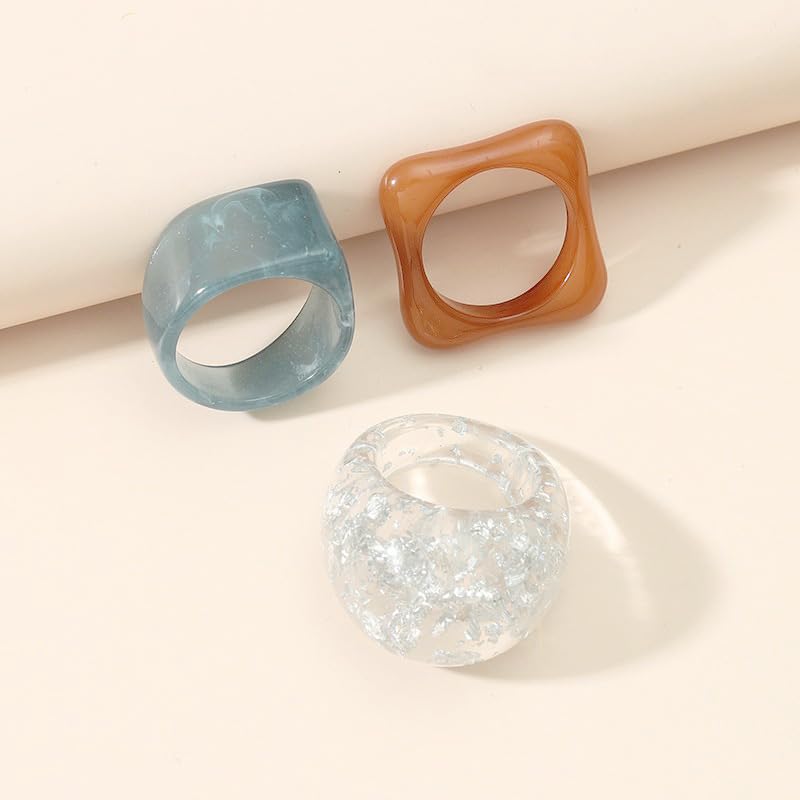 Resin Chunky Rings for Women Multicolor Acrylic Plastic Rings Set Cute Trendy Aesthetic Y2k Statement Rings Thick Dome Heart Knuckle Finger Jewelry - color: 3PCS