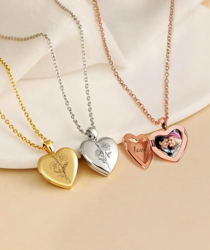 Personalized Locket Necklace for Women with Engraved Text & Picture | Custom Birthday Flower Locket Necklace Mothers Day Gift for Mom Mother Wife - color: Heart