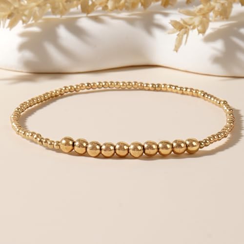 14K Gold Plated Beaded Bracelets Stack Set for Women,Stretch Boho Ball Jewelry Friendship Trendy - color: Gold