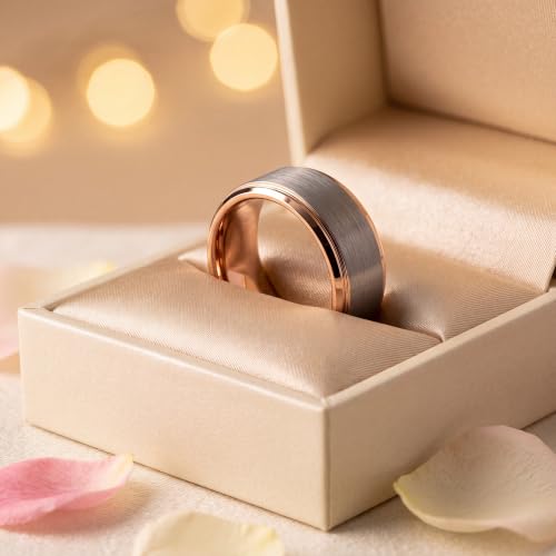 Tungsten Wedding Band Ring Black 10mm Men Women Comfort Fit 18k Rose Gold Step Edge Brushed Polished - color: Rose Gold Grey Tungsten