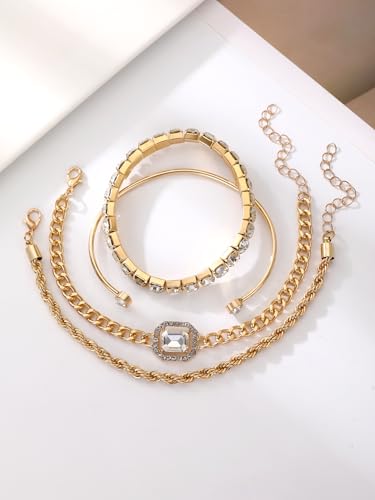 Alegend 14K Gold Plated Stackable Multilayer Bracelets + Titanium Steel(Not Rust, Resist Corruption, Easily Clean) 18K Gold Plated Single Bracelets - color: 14K Gold + 4PCS H