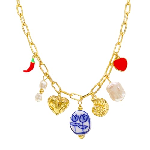 JNF Cute Shell Conch Boho Charm Necklace for Women Sun Moon Star Coin Heart Flower Boot Bow Charms Necklaces Summer Beach Jewelry - color: charm gold