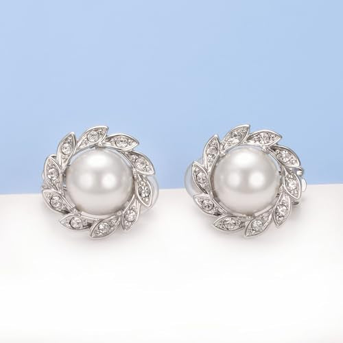 Vintage Pearl Clip On Earrings for Women Silver Rhinestone Earrings