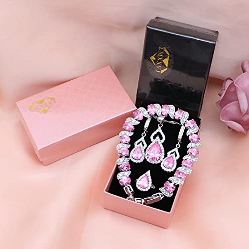 LMXXVJ Women Jewelry Set Platinum Plated Necklace Open Ring Earrings Bracelet Set,Birthday/Anniversary Mother’s Day Jewelry Gifts for Mom/Wife/Sister/Best Friend - color: Pink