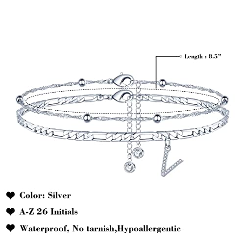 Ankle Bracelets for Women, 14K Gold Plated Dainty Layered Chain CZ Initial Anklets Summer Jewelry Gifts for Women - style: V-Silver