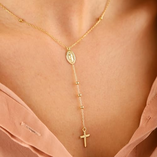 14K Gold Layered Cross Necklaces for Women,Tiny Small Sideways Cross Necklace Minimalist Christian Jewelry Gifts First Communion Confirmation Easter Stuff,2Pcs - color: Virgin Mary,Gold