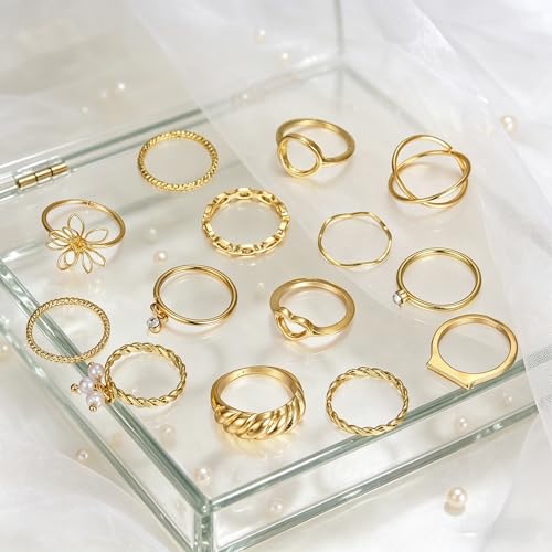 Chunky Gold Rings for Women Non Tarnish, Baroque Pearl Flower Tiger's Eye Stone Rings Adjustable Stacking Statement Rings Set Fashion Jewelry Gifts - style: Croissant/Handmade flower_gold
