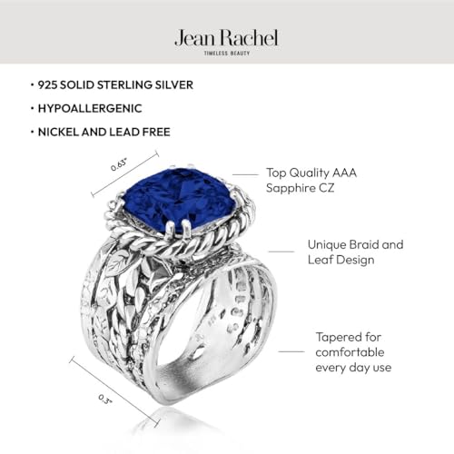 JEAN RACHEL JEWELRY 925 Sterling Silver Braid Leaf Cushion Ring | Ornate statement ring beautifully adorned with sculpted leaf motifs, twisted rope braids, and a CZ center stone. - color: Sapphire CZ