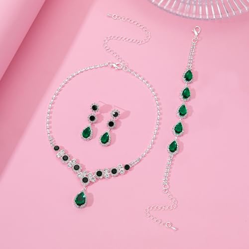 Paxuan Silver/Gold Rhinestone Crystal Wedding Bridal Bridesmaids Earrings Bracelet Set for Women Brides Bridesmaids Crystal Rhinestone Bracelet Earrings Set for Wedding Bridal Prom Pageant - color: Emerald Green