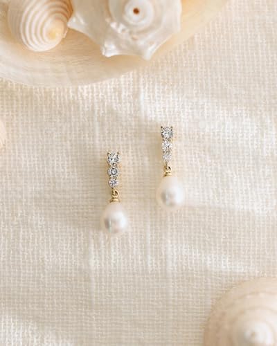 Pearl Earrings for Women Trendy Dainty Wedding Earring 14K Gold Plated/Silver Plated Dainty Cute Drop Dangle Pearl Earrings Studs Hypoallergenic CZ Diamond Wedding Earrings for Brides Prom Jewelry Gift for Women - color: 03.Gold long