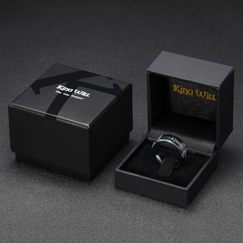King Will Mens Wedding Band with Foils Inlay, Black/Silver/Gold Beveled Edge Glowstone Ring, 6mm/8mm Tungsten Carbide Rings Comfort Fit - color: Black&Teal-8mm