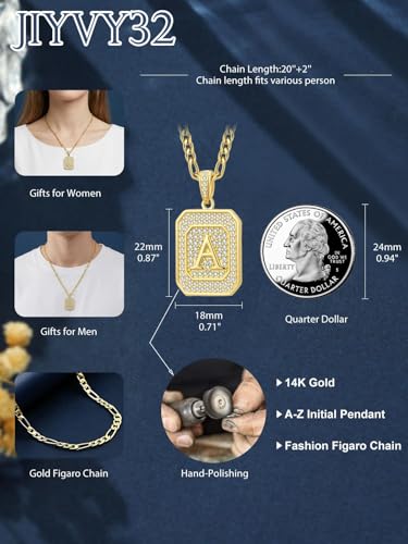 Initial Letter Pendant Necklace for Men Women, 14K/18K Gold A-Z | Square Monogram Pendant Jewelry Waterproof and colorfast with Figaro Chain, Gifts for Women Men - style: 14K Gold D
