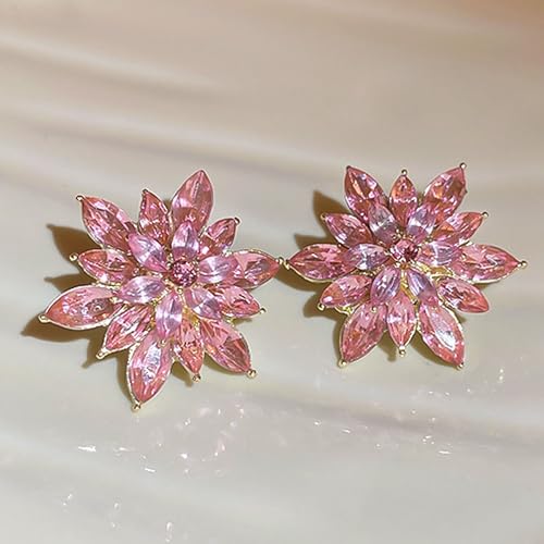 Crystal Flower Burst Stud Earrings Large Big Sparkly CZ Cubic Rhinestone Floral Cluster Flower Stud Earrings Bridal Wedding Party - color: Pink