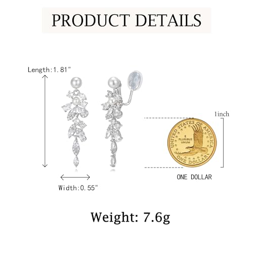 Crysdue Simulated Pearl Earrings for Women, Dainty Silver/Gold/Rose Gold Plated Cubic Zirconia Drop Dangle Earrings Wedding Jewelry for Bride Bridesmaid - style: U_Clip on_Pearl, Silver