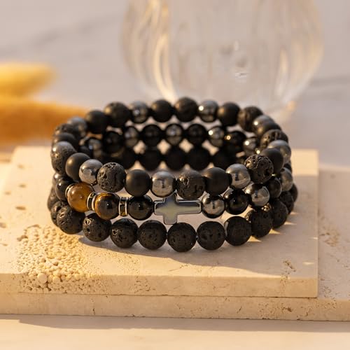Mens Bead Bracelet Set - Adjustable Elastic Rope With 6&8MM Natural Stone Multi-Colored Beads - Tiger Eye Bracelets for Men - Gift - style: 3,Lave beads,Cross,Black bracelet