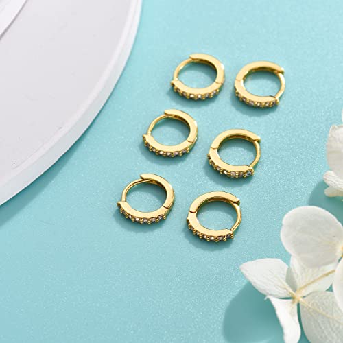 Silver Hoop Earrings for Women, 3 Pairs Small Sterling Silver Huggie Earrings | Tiny Cubic Zirconia Cartilage Cuff Earrings Hoop Piercing Jewellery for Men Teens (8mm/10mm/12mm) - color: 3 Pairs(8mm*3)-Gold