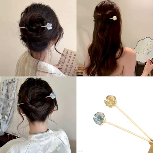 2 Pcs Lotus Hair sticks for buns,Hair pins for women,Buns and Updos with No Hair Damage,Metal French Pin Great Hold,Suitable for fine & thick hairUS374 (Yellow + Blue) - color: Yellow + Blue
