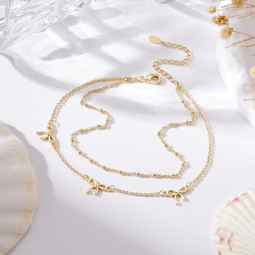 Anklets for Women Waterproof 14K Gold Plated Beach Ankle Bracelets Dainty Summer Bow Clover Heart Evil Eye Anklet Non Tarnish Layered Beach Cz Jewelry Accessories for Women Trendy - color: Gold-Bow