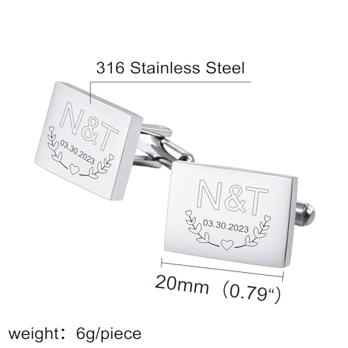 Classic Stainless Steel Cufflinks for Men Personalized Initial/Date/Photo Silver Mens Cufflinks Gift for Husband Groomsmen Groom Father of the Bride - color: Rectangle (Initials & Date)