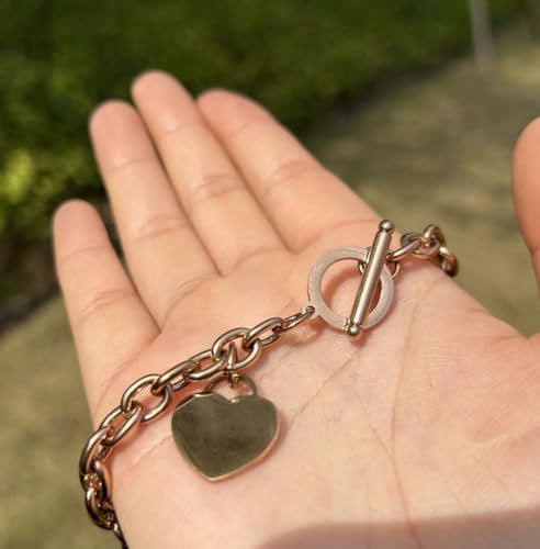 WangGao Elegent Love Stainless Steel Link Chain Blank Heart Charms Necklace for Women Toggle Clasp Closure - color: Rose Gold, size: 17.72inches