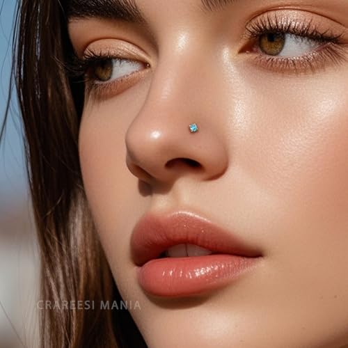 14K Real Gold Nose Studs 20G Nose Rings Studs L Shaped Nose Rings for Women Men Diamond CZ Nose Piercing - color: Yellow Gold-Round BLCZ