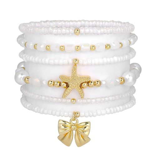 LALAPPLE Shell Bracelet Boho Beaded Stretch Bracelets for Women Seashell Strand Bracelets Starfish Charm Jewelry Summer Beach Jewelry Stackable Crystal Gold Plated Beads Bracelet for Women - style: T-Style9 meteor