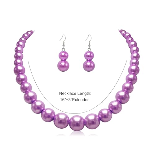 Cryshimmer Pearl Choker Necklace for Women Faux Pearl Beads Strand Necklace Earring Set Costume Jewelry,Gift for Wife Mother - color: Purple