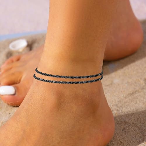Nanafast Women's Ankle Bracelets, Sparkling Multi-layer Anklet Bracelets for Women, Adjustable Shiny Gold/Silver Anklets for Women, Beach Cute Anklets Jewelry for Summer - color: Black