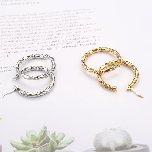 Cable Hoop Earring for Women Light-Weight Twisted Italian Design Round Hoop Earrings Diameter 25mm - color: 2-gold