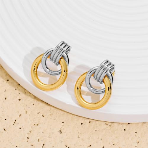 Gold Chunky Earrings for Women Geometric Knot Link Drop Dangle Earrings 14K Gold Plated Statement Earrings Trendy Gold Jewelry - color: Style 5-Two Tone