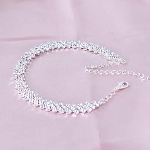Fesciory Heart Rhinestone Ankle Bracelets for Women, Adjustable Silver Plated Shiny Tennis Anklets, Twinkle Cubic Zircon Imitation Diamond Anklet Foot Chain Jewelry Gifts - color: Thick Rhinestone