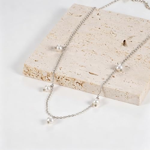 Pearl Necklace for Women, Dainty Pearls Choker Necklace for Women 14K Gold Plated Layered Pendant Necklace Handmade Gold Chain Necklace Everyday Jewelry Gift - color: Pearl Choker-Silver