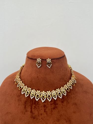 Antique Gold Plated Temple Jewellery Necklace Set with Earrings for Women, Traditional Indian Bridal Necklace Set, South Indian Choker Haram Style Jewellery Set, Ethnic Wedding Party Wear Necklace Set for Women - color: AD-Neck-177