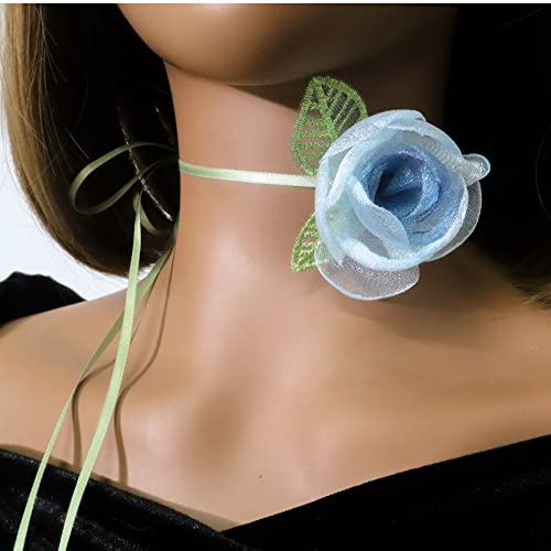 Black Choker Camellia Flower Lace-up Necklace For Women - color: Blue foliage flowers