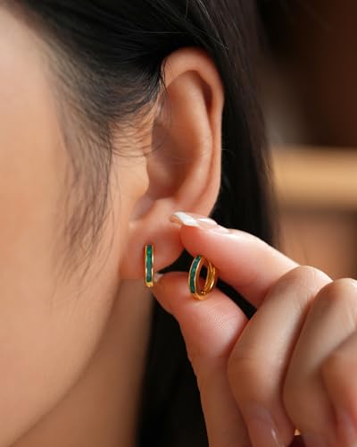 Dainty Opal Huggie Earrings, 14K Gold Plated Cartilage Earrings Jewelry Gift for Women Teen Girls with Quote Card and Velvet Gift Pouch - style: Huggie Earring - Garden Green Opal