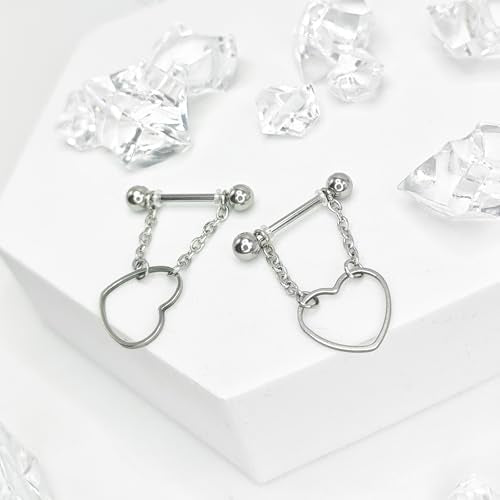 14G 2Pcs Heart Nipple Rings with Chain 316L Stainless Steel Nipple Barbells Nipple Piercing Jewelry for Women Men