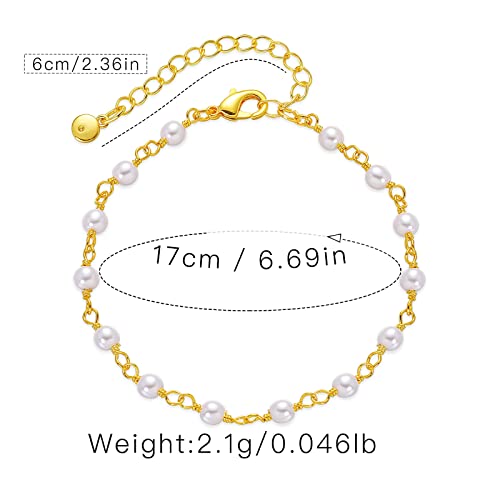 Dainty Gold Bracelets for Women, 18 Gold Plated Adjustable Evil Eye/Butterfly/Beaded/Pearl/Heart/Turquoise Handmade Bracelet for Women - style: Pearl Link