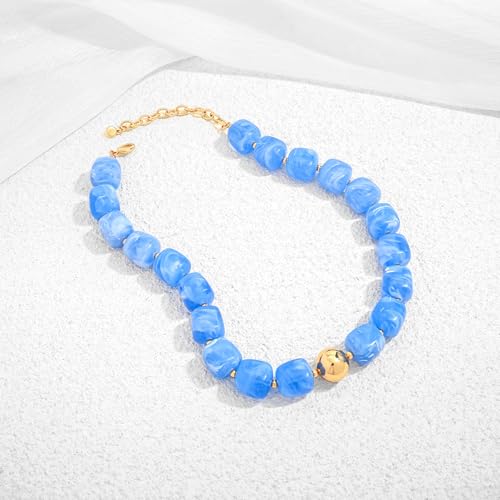 Chunky Colorful Beaded Choker Necklace for Women, Summer Beach Statement Resin Beads Necklace, Trendy Womens Summer Beach Jewelry Birthday Gifts for Vacation Holiday - color: Square Sky Blue Bead