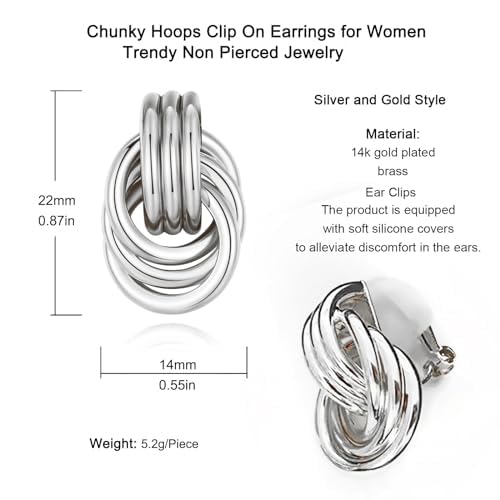 14K Gold-plated Clip On Earrings for Women Knot Link Trendy Small Dainty Non Pierced Earring Hoops Drop Dangle Earrings Lightweight Jewelry - color: A-Silver