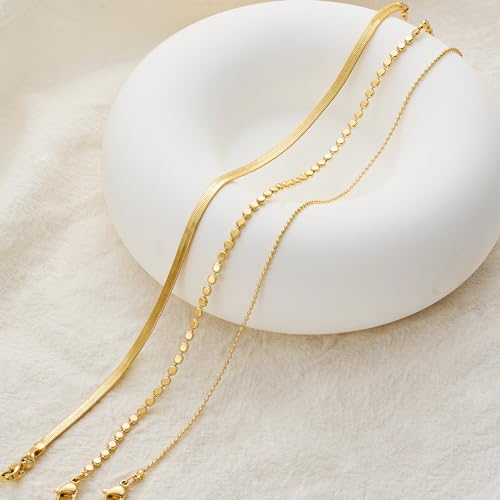 Risamil 14K Gold Plated Ankle Bracelets for Women, Anklets for Women Waterproof Layered Ankle Bracelets for Women Teen Girl Herringbone Anklet Set Summer Foot Jewelry Gifts - color: 3PCS-07
