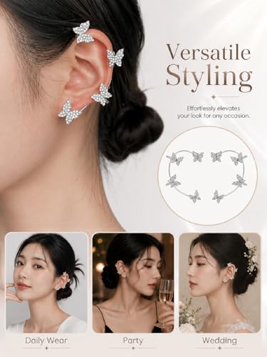 2Pcs Butterfly Ear Cuffs Rhinestone Clip On Earrings | Rhinestone butterfly ear cuffs with non piercing clip on design; silver ear wrap climber jewelry for parties and weddings - style: Style B Silver