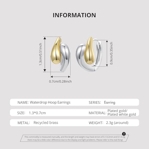 14K Gold Plated Two-Tone Oval Hoop Earrings for Women, Water Drop Design Lightweight Huggie Earrings,925 Sterling Silver Posts Double Drop Chunky Hoops Hypoallergenic Ear Buckles - color: Silver
